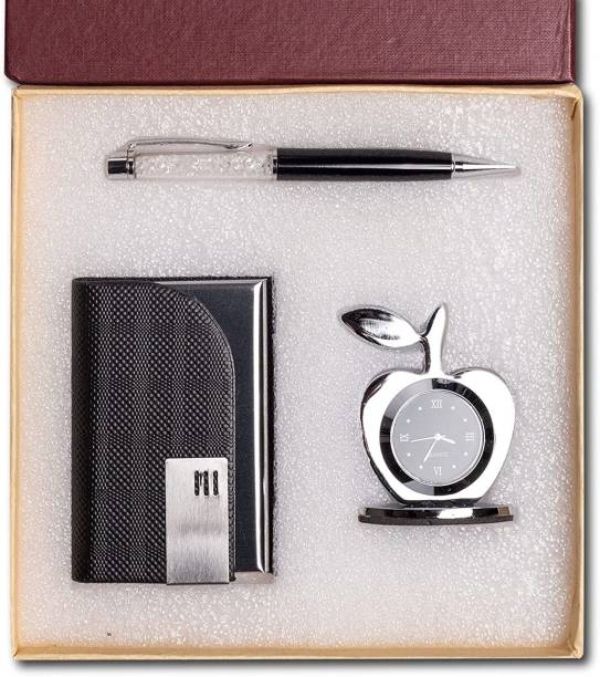 Celebr8 3 in 1 Corporate Gift Set with Apple Clock, Crystal Pen & Business Card Holder Pen Gift Set