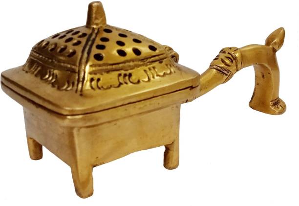 Purpledip Brass Incense Dhoop Loban Pastille Holder: Special Handle For Puja Arti Prayer Decorative Showpiece  -  6 cm