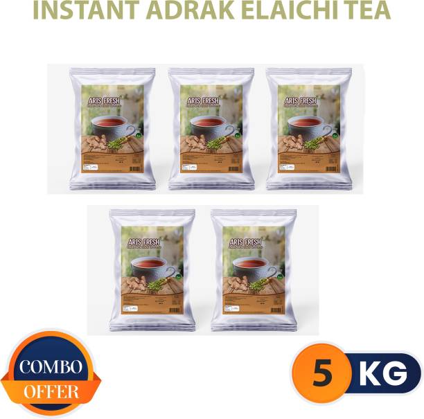 Aris fresh Instant Adrak Elachi Tea Premix - Combo Pack |5 Kg |Pack of 5 x 1 Kg | Makes 425 Cups | Suitable for all Vending Machines | Milk not required| Rich taste as Home Made | For Manual Use – Just Add Hot Water Instant Tea Pouch (5 kg) Cardamom, Ginger Instant Tea Pouch