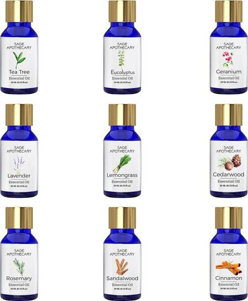 Sage Apothecary Essential Oil Combo 9 in 1 pack (Tea Tree, Lavender, Rosemary, Eucalyptus, Lemongrass, Sandalwood, Geranium ,Cedarwood & Cinnamon)│100% pure