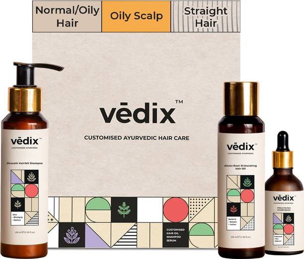 Vedix Hair Fall Control Regimen for Normal/Oily Hair - Oily Scalp & Straight Hair - Ayurvedic Hair Care Regimen - 3 Product Kit - Anti Hair Fall Oil Berberis + Banyan - Anti-Hairfall Shampoo - Vithan Pro Hair Growth Serum