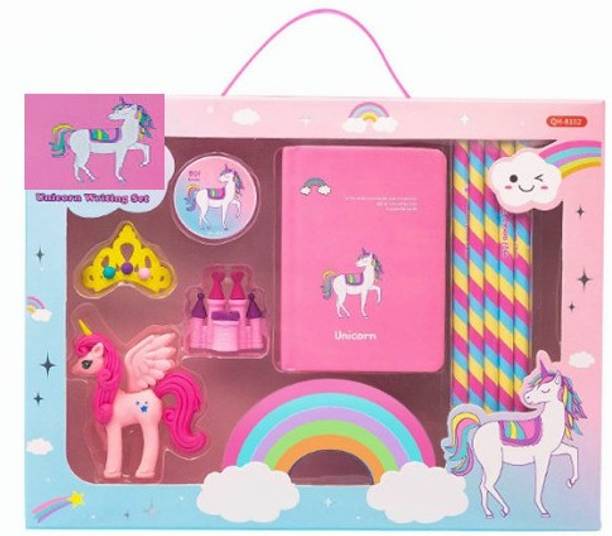 Galactic magical unicorn set Stationary Kit 5 pencils + 4 erasers +1 sharpner +1 note book Birthday Gifts for Girls&boys multicolored
