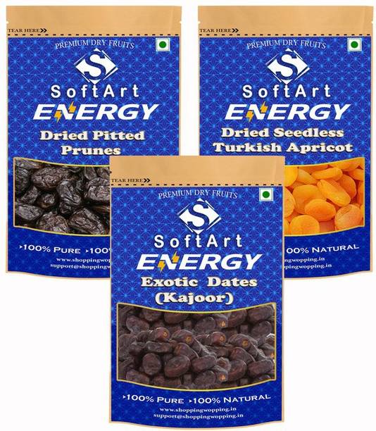 Soft Art Dry fruits combo of Prunes,Turkish Apricot,Khajoor (250g Each) Prunes, Apricots, Dates