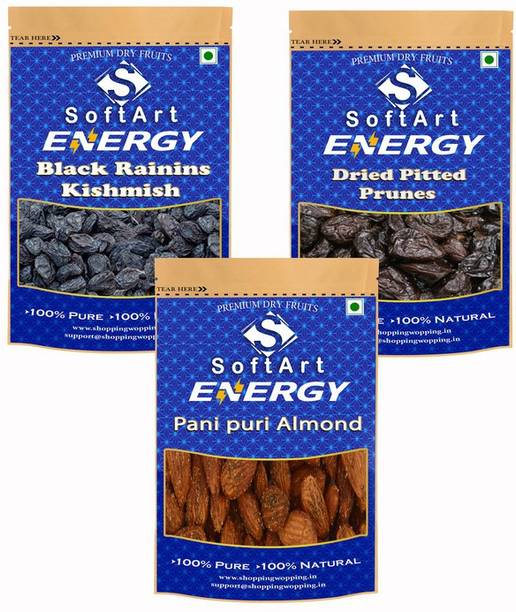 Soft Art Dry fruits combo of Black Kishmish,Prunes,Pani Puri Almond (250g Each) Raisins, Prunes, Almonds