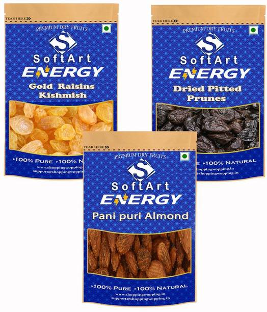 Soft Art Dry fruits combo of Gold Kishmish,Prunes,Pani Puri Almond (250g Each) Raisins, Prunes, Almonds