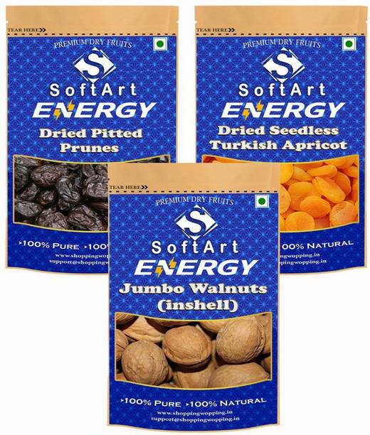 Soft Art Dry fruits combo of Prunes,Turkish Apricot,Walnut in Shell (250g Each) Prunes, Apricots, Walnuts