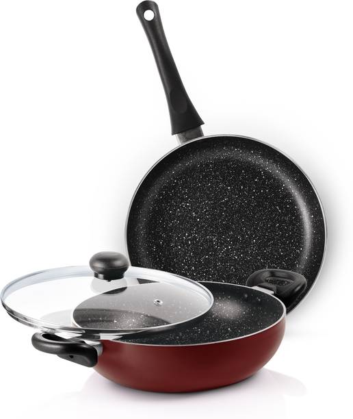 MILTON Pro Cook New Granito My Kitchen Set of 2, (Fry Pan 24 cm and Kadhai 24 cm with Glass Lid) Burgundy Induction Bottom Non-Stick Coated Cookware Set