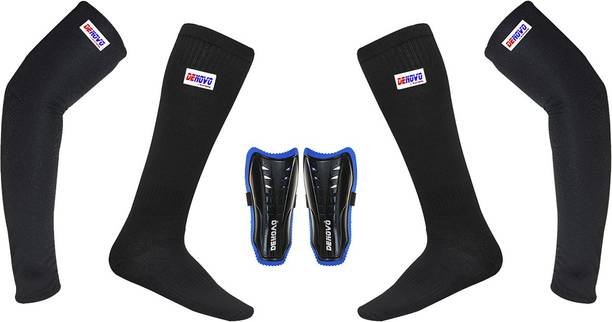 DENOVO Ultimate Protection (One Pair Large Shin Guard + One Pair Lycra Plain Knee Length Football Socks + One Pair UV Protection Arm Sleeves) Football Kit