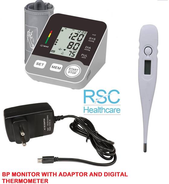 rsc healthcare Digital Bp Monitor WITH FREE AC/DC ADEPTOR Fully Automatic Arm-type Digital Blood Pressure Monitor with option for micro USB port ( Made In India ) WITH ONE YEAR WARRANTY With Digital Thermometer BP MONITOR Bp Monitor