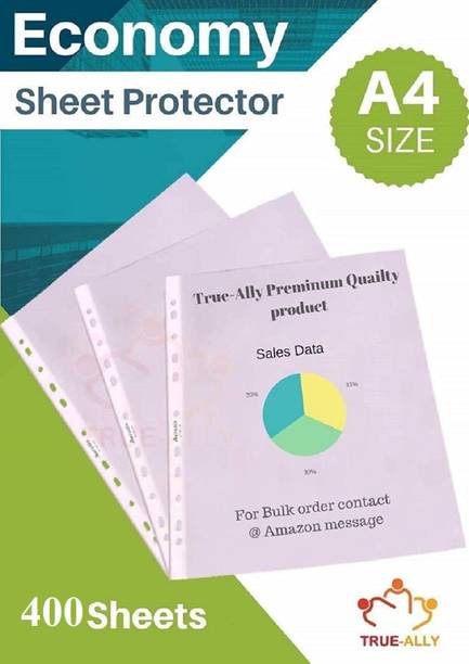 True-Ally Plastic 100 Pcs Transparent Document Sleeves, Leaf Sheet Clear Certificates/Waterproof Sheet Protectors 11 Holes Punched Ring Files Folder (A4Size) (100 Sheets) - (Pack of 4)