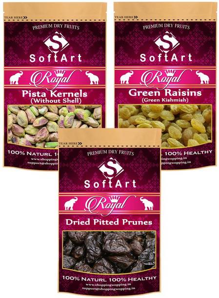 Soft Art Dry fruits combo of Pista Kernels,Green Kishmish,Prunes (100g Each) Pistachios, Raisins, Prunes