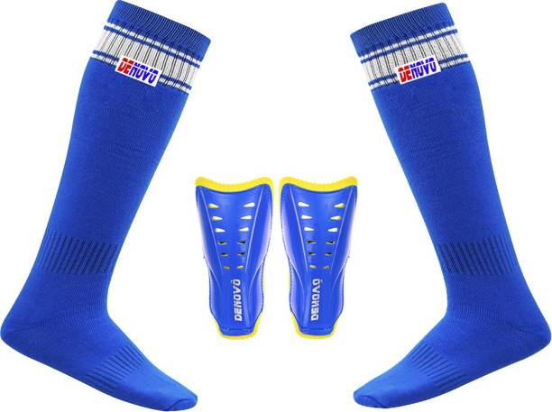 DENOVO Justry Football Kit (One Pair Poplin Plain Knee Length Football Socks + One Pair Shin Guard) Football Kit