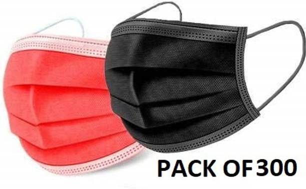 Wellstar 3 Ply Protective Face Mask with NOSE CLIP, Certified by CE, ISO & GMP Bacterial Filtration Efficiency(BFE)=98.5%, Particle Filtration Efficiency(PEE)=94% Non Woven Fabric Melt Blown Disposable Reusable 3 Ply Surgical Mask with 3 Layer150 Red,150 Black Non-Washable, Water Resistant Surgical Mask