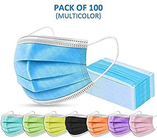Wellstar 3 Ply Spunbond Disposable Mask with nosewire for dust pollution surgical 3 Ply Standard Quality Non-Woven Fabric Ear-Loop Face Mask without Valve - Pack of 100 Pieces (Multicolor) Non-Washable Surgical Mask