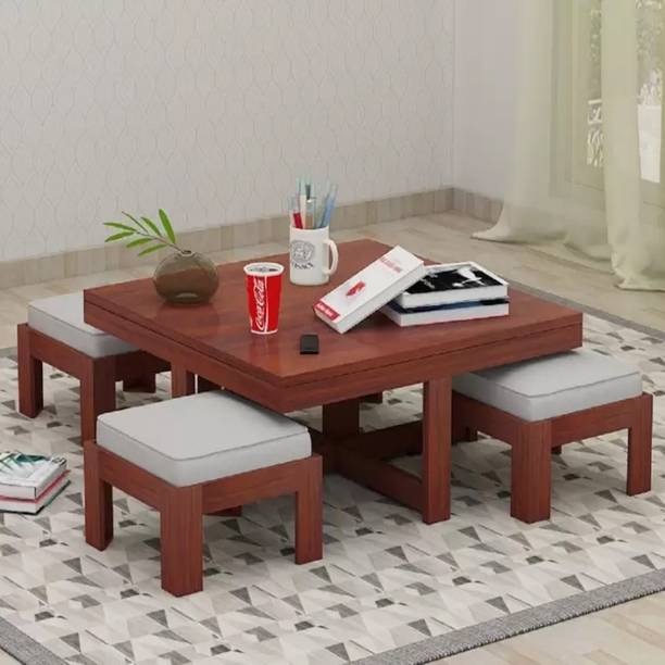 HDWOOD Solid Sheesham Wood Coffee Table With Four Stools For Living Room/ Office/ Café. Solid Wood Coffee Table