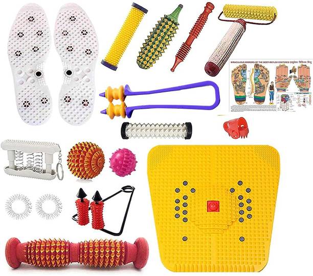 Acs 1203 Acupressure Massager & Sujok Therapy Tools Combo Kit For Stress Pain Relief Natural Care With Bio-Magnetic Power Foot Mat & Shoe Sole Foot Roller-Pyramidal Cuts Wooden Massager