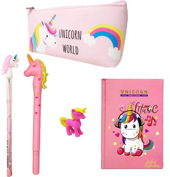 Urban Festivities Stationary Combo Set - Unicorn Pouch, Unicorn Diary, Unicorn Pen, Unicorn Pencil & Eraser 1 Art EVA Pencil Box