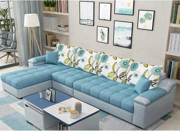 CasaStyle Solimon 6 Seater LHS L Shape Sofa Set (Light Blue-Light Grey) Fabric 6 Seater  Sofa