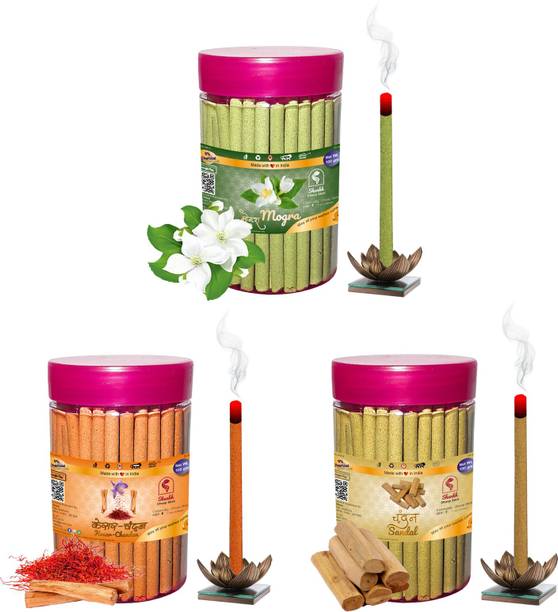 Shankh Mogra, Kesar Chandan & Sandal (Chandan) Dhoop Stick (Incense Stick) Pack of 300 gram (100 + 100 + 100) Fragrances Mogra, Kesar Chandan, Sandal (Chandan)