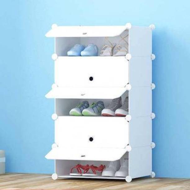 Vozica Shoe Stand DIY Plastic Shoe Portable Storage Organizer. 5 Cube Shoe Wardrobe. Plastic Collapsible Shoe Stand with Cover for Home/Office Wardrobe Cube Organizer White (5 Cube Off White) Plastic Collapsible Shoe Stand