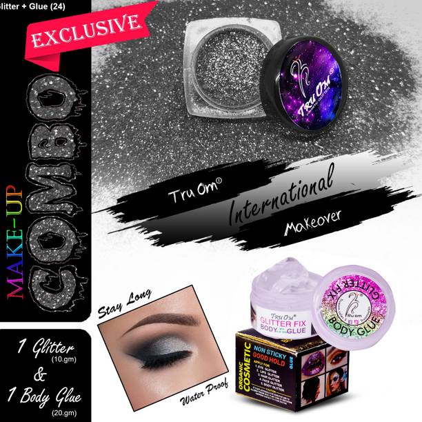 TRUOM Eyeshadow Glitter Smoky Eye Premium Dust & Body Glitter Fixer Makeover Combo (Glitter+Glue 24) 30 g