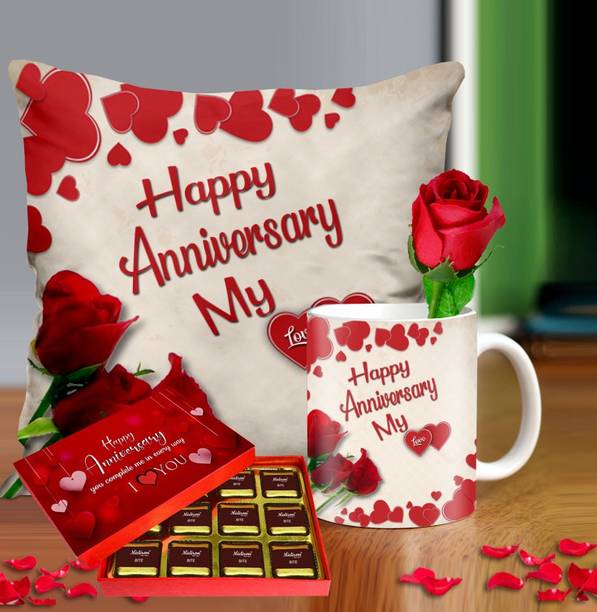 Midiron anniversary gift for wife | anniversary gift for husband | anniversary gift for couple ( chocolate, cushion, mug, cushion size 16*16 ) Ceramic, Fiber, Paper, Plastic Gift Box