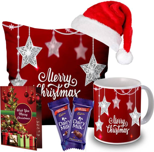Midiron Christmas Gift Combo Pack, Cushion, Coffee Mug, Greeting Card, Santa Cap, Milk Chocolate Box, Gift for Relative and Friends ( Pack 5) IZ21-06 Ceramic, Fiber, Paper, Plastic Gift Box