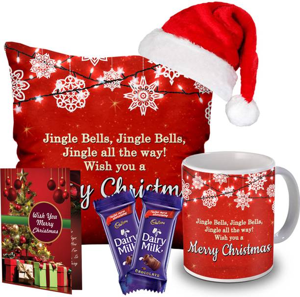 Midiron Christmas Gift Combo Pack, Cushion, Coffee Mug, Greeting Card, Santa Cap, Milk Chocolate Box, Gift for Relative and Friends ( Pack 5) IZ21-55 Ceramic, Fiber, Paper, Plastic Gift Box