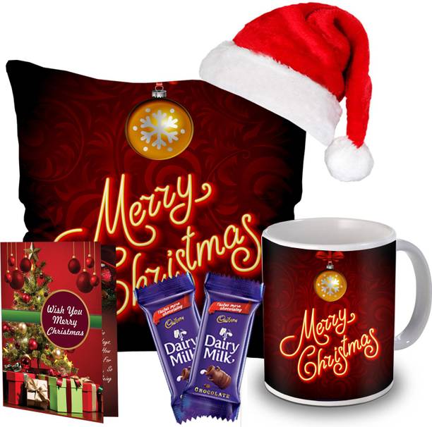Midiron Christmas Gift Combo Pack, Cushion, Coffee Mug, Greeting Card, Santa Cap, Milk Chocolate Box, Gift for Relative and Friends ( Pack 5) IZ21-16 Ceramic, Fiber, Paper, Plastic Gift Box