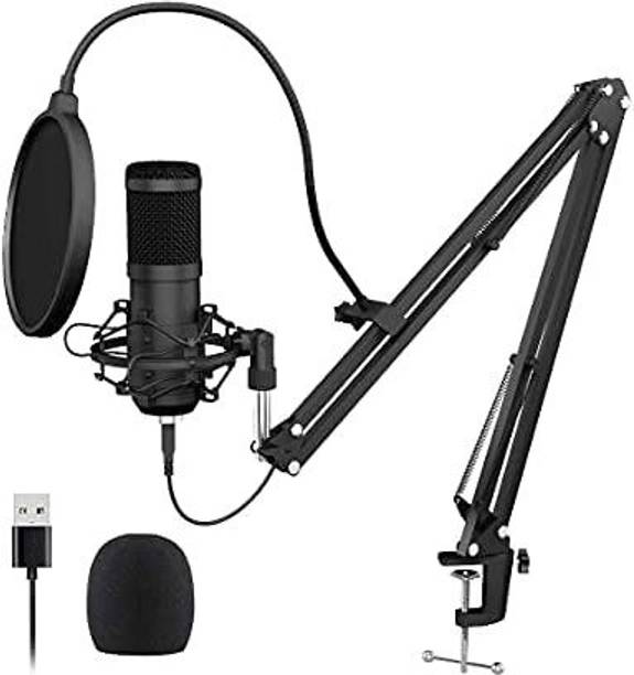 zhizuka Professional USB Condenser Microphone Kit with Adjustable Scissor Arm Stand, Shock Mount, 3.5 mm Audio Jack Converter for Mobile and Computer for Studio Recording (BM800 - USB, Black) Microphone