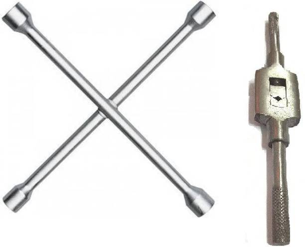 JMD Tools 4 Way Car Wheel Screws Star Box Wrench Brace Spanner with Tap Wrench Tool Single Sided Speciality Adjustable Size 10 MM Combo Double Sided Pipe Wrench