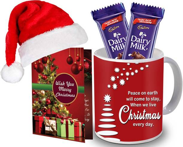 Midiron Christmas Gift Combo Pack,Greeting card, Santa Cap, Mug, Cholcolate, Gift for Relative and Friends IZ21-51 Ceramic Gift Box