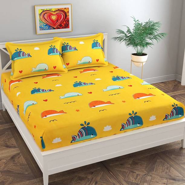 HOMYBEES 220 TC Cotton Double Cartoon Fitted (Elastic) Bedsheet