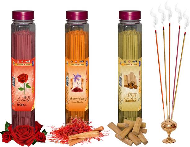 Shankh Rose, Kesar Chandan & Sandal (Chandan) Agarbatti (Incense Stick) Pack of 300 gram (100 + 100 + 100) Fragrances Rose, Kesar Chandan, Sandal (Chandan)