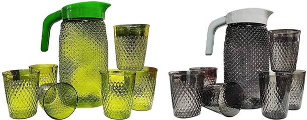 Finner Green & Black Jug with 12 Pieces Glasses Set for Juice/Water/Drink Serve (2 L) Jug Glass Set (plastic) Jug Glass Set