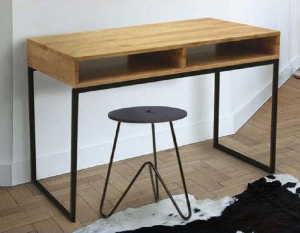 FURINNO Iron Frame Solid Wood Study Desk for Students Writing Reading Computer Tables with 2 Storage Shelf Wooden Furniture for Study Room Living Room Home (Brown) Solid Wood Office Table