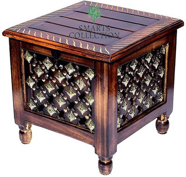 Smarts collection Antique Wooden Stool/End Table/Side Table/Cup Stool with Brass Work & Storage for Living and Bedroom Furniture Solid Wood Side Table
