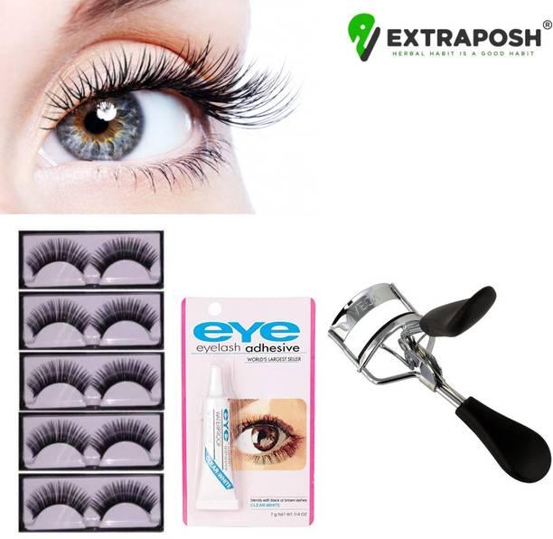 Extraposh EYELASH CURLER WITH False eyelash [pack of 5] waterproof & Reusable & EYELASH GLUE