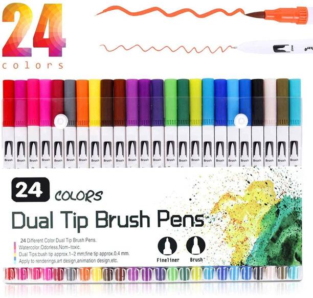 Levin White Dual Markers Brush Pen, Colored Pen Fine Point Art Marker & Brush Highlighter Pen for Adult Coloring Hand Lettering Writing Planner Art Supplier (24 color)