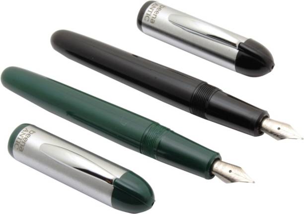 Ledos Set Of 2 - Beena Antic Fountain Pens 3in1 Ink Filling Mechanism Steel Cap Green &amp; Black Pen Gift Set