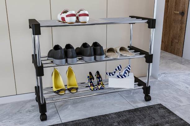 Spotbia Multi-Purpose Standing Home Organizer Stackable Steel Shoe(3 Tier,BLACK) Metal Collapsible Shoe Stand (3 Shelves, Pre-assembled) Metal, Plastic Shoe Stand