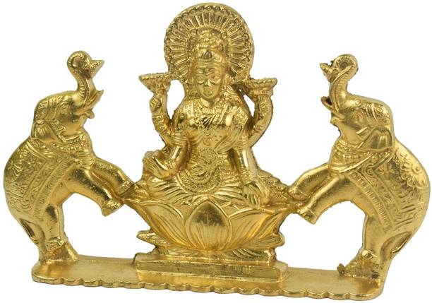 Real Craft Maa Laxmi Idol Brass Statue - Devi Lakshmi with Elephant Decorative Showpiece  -  12 cm