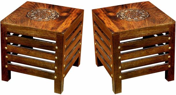 Smarts collection Wooden Stools for Living Room, Sitting Chair for Home, Handcrafted Antique Finish | Handmade Table for Office | Home Furniture | Outdoor/Indoor Decor (Square Caving Floral Top Stool,)(Set of 2) Solid Wood Side Table