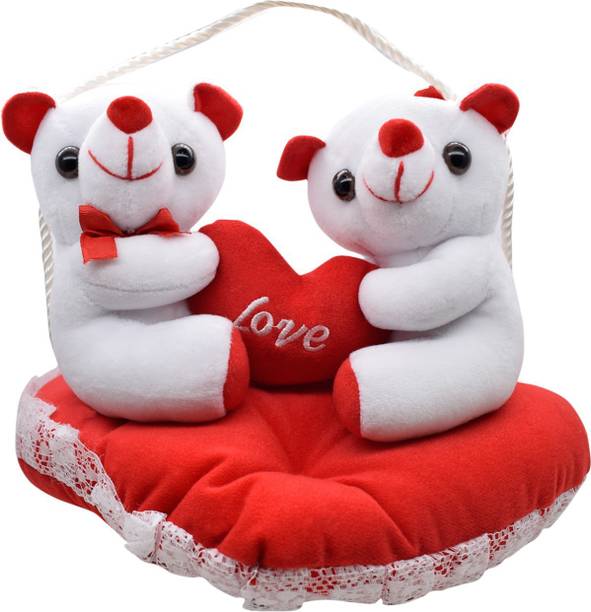 ULTRA Cute Soft Toy Teddy Bear Couple Holding Red Heart on Red Cushion Valentine Special Gift  - 8 inch