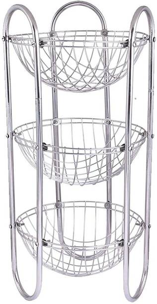 KRISHNA Stainless Steel Fruits and Vegetables Round Trolley,Basket,Rack,Stand, Set,1 (Color Silver) Stainless Steel Fruit & Vegetable Basket