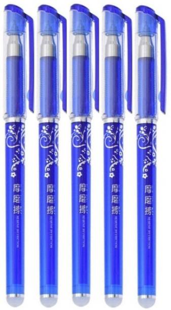 Definite 5 Pcs Blue Ink Erasable Gel Pen Set with attached Magic Wipe Eraser (0.35mm Nib Size) Gel Pen