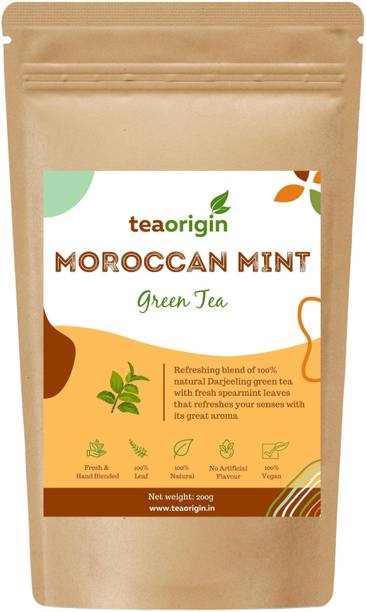 Tea Origin Moroccan Mint Green Tea | 100% Natural Ingredients- Green Tea Leaves & Spearmint Leaves | Rich in Antioxidants & Phytonutrients, Relieves stress, Promotes Immunity | Pack of 2 (100g each) Mint Green Tea Pouch