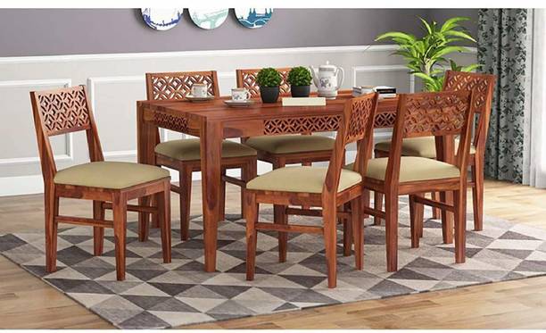 Divine Arts Solid Sheesham Wood 6 Seater Dining Table Set with Six Chair with Base Cushion Solid Wood 6 Seater Dining Table