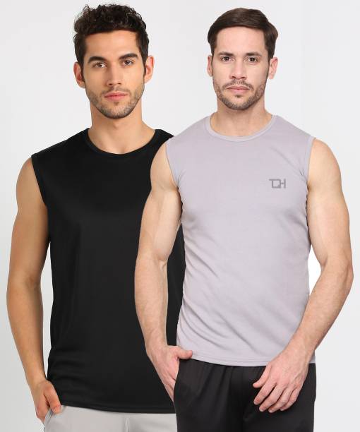Pack of 2 TQH Solid Men Round Neck Sleeveless Black, Light Grey T-Shirt Men Solid Round Neck Polyester Black, Grey T-Shirt Price in India