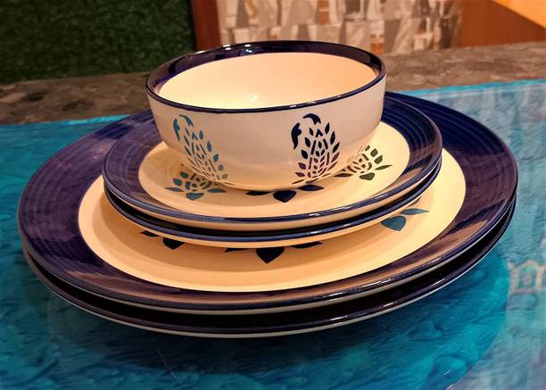 caffeine Ceramic caffeine Ceramic Handmade Blue boota Combo Dinner Set (Set of 5pcs ) Dinner Set